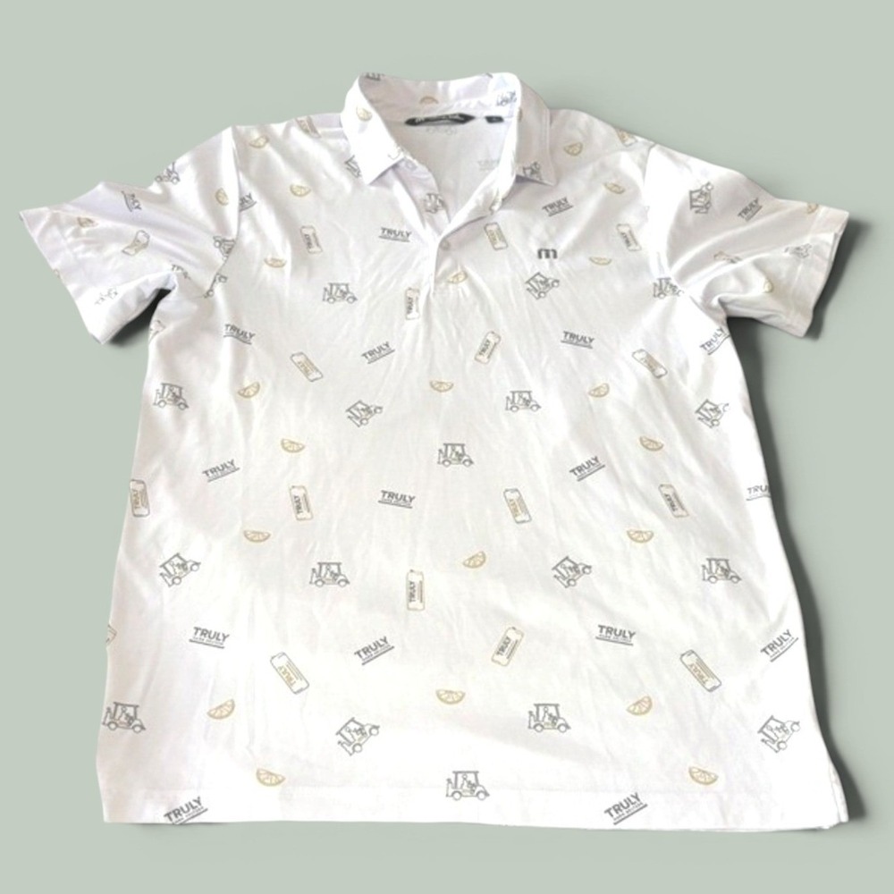 Travis Mathew Truly Hard Seltzer Golf Polo Shirt Sz Large White AOP Short Sleeve